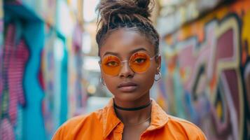 portrait de une Jeune à la mode la personne dans Urbain vêtement de rue avec coloré graffiti Contexte photo