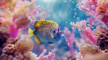 une coloré poisson nage dans un sous-marin corail récif écosystème photo