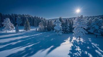 hiver pays des merveilles. enneigé pin forêt et ombres photo