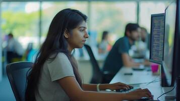 une femme dans une T-shirt est assis à une bureau, partage une ordinateur moniteur photo