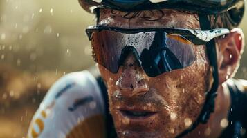 proche en haut de une homme dans des sports uniforme portant des lunettes de soleil et casque photo