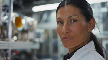 une femme dans une laboratoire manteau examine gaz Température dans une science laboratoire photo