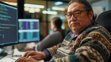 une homme dans des lunettes est travail sur une personnel ordinateur dans un Bureau photo