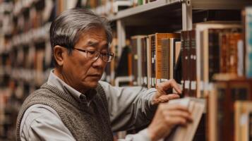 un plus âgée homme portant des lunettes parcourt par livres dans le bibliothèque photo