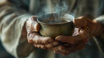 individuel en portant fumant tasse de chaud thé dans leur mains photo