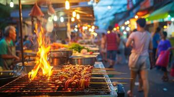 cuisine nourriture sur une gril à une animé ville marché un événement photo