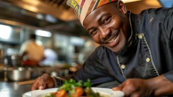 content chef avec assiette de nourriture, partage cuisine et souriant dans le cuisine photo