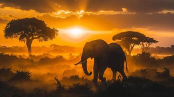 l'éléphant en marchant par herbeux plaine à le coucher du soleil en dessous de nuageux ciel photo