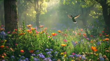 colibri plane au dessus fleurs dans forêt, partie de Naturel paysage photo