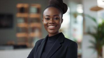 sur de soi africain femme d'affaires posant dans moderne Bureau environnement, professionnel portrait pour entreprise utilisation photo