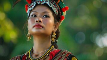 une content femme dans traditionnel costume des stands dans de face de vert Contexte photo