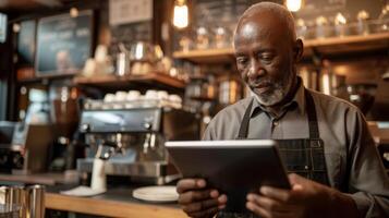 une homme est en utilisant une tablette ordinateur dans une restaurant photo