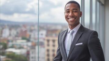 Jeune professionnel homme dans costume souriant dans moderne Bureau avec ville horizon voir, idéal pour entreprise, entreprise, direction, la diversité thèmes photo