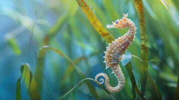 une hippocampe perchoirs sur une terrestre plante dans sous-marin macro la photographie photo