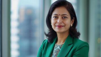 diverse affaires professionnels, sur de soi Sud asiatique femme d'affaires dans vert blazer, entreprise Bureau réglage photo