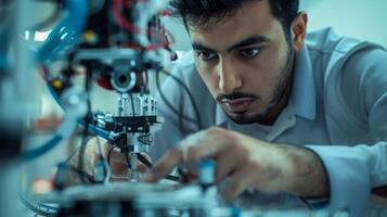 une homme avec une barbe est ingénierie une machine dans le laboratoire photo