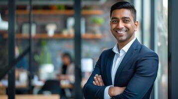 souriant Indien homme d'affaire dans moderne Bureau photo