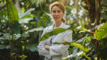 une femme dans une blanc manteau des croix sa bras dans une luxuriant jungle photo