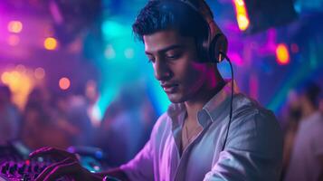 une homme dans violet écouteurs divertit le foule avec la musique à une club photo