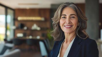 sur de soi Sénior professionnel femme dans moderne Bureau - affaires chef portrait pour entreprise tirs à la tête et exécutif l'image de marque photo