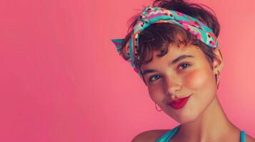 une femme avec noir cheveux est souriant, portant une Bandeau sur sa front photo