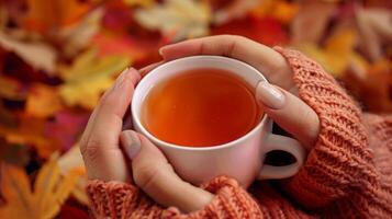 une femme est en portant une tasse de thé dans sa mains photo