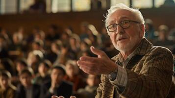 une homme avec des lunettes est donnant une discours dans de face de une foule de gens photo