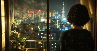 Japonais famille membre à nuit, surplombant allumé paysage urbain de appartement fenêtre - Urbain nuit scène pour affiche conception photo