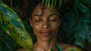 une femme est pose dans le jungle avec sa yeux fermé et entouré par feuilles photo