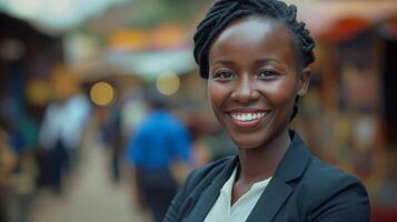 sur de soi africain femme d'affaires souriant en plein air dans marché paramètre, diverse professionnel concept photo