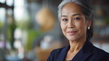 sur de soi Sénior asiatique femme d'affaires dans professionnel tenue à Bureau espace - direction, carrière, et la diversité concept photo