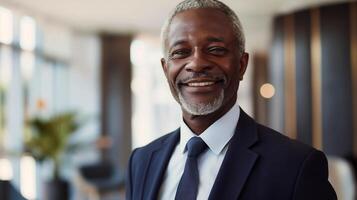 sur de soi Sénior homme d'affaire dans professionnel tenue souriant dans moderne Bureau environnement photo