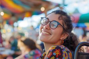 joyeux femme avec invalidité souriant en plein air, embrassement inclusivité et la diversité dans une coloré, animé environnement photo