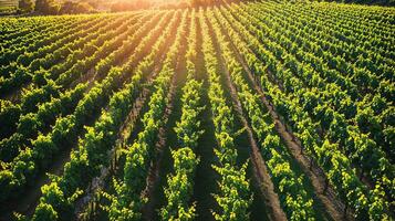 aérien vue de une ensoleillé vignoble, mettant en valeur agriculture et Naturel paysages photo