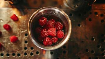 aérien coup de mixeur rempli avec congelé des fraises photo