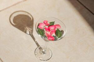 Rose pétales dans une martini verre, concept de beauté, style et mode. photo