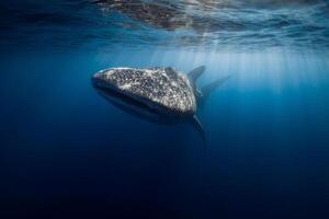 baleine requin dans bleu océan. géant poisson nager dans ouvert océan près sumbawa photo