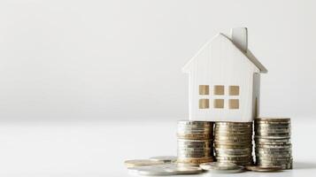 blanc en bois maison des modèles des stands sur une piles de pièces de monnaie, solide blanc Contexte avec copie espace, réel biens concept photo