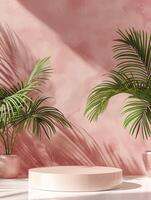 produit podium pour La publicité avec rose Contexte et paume arbre tropical été thème photo