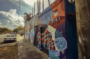 playa del Carmen Mexique 20 août 2022 magnifique mur couvert dans graffiti dans une caractéristique ruelle de le ville de playa del Carmen dans Mexique photo