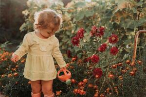 peu fille dans une Jaune robe et caoutchouc bottes est arrosage fleurs dans le l'automne jardin photo
