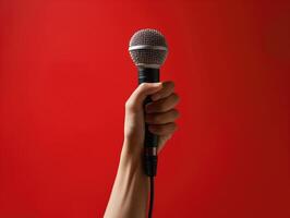 une main en portant en haut une microphone à une spécial un événement ou fête photo