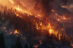 nuit Feu dans le forêt avec Feu et fumée.epic aérien photo de une fumeur sauvage flamme.a flamboyant, brillant Feu à nuit.forêt feux.sec herbe est brûlant. climat changement,écologie.line Feu dans le foncé