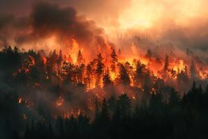 nuit Feu dans le forêt avec Feu et fumée.epic aérien photo de une fumeur sauvage flamme.a flamboyant, brillant Feu à nuit.forêt feux.sec herbe est brûlant. climat changement,écologie.line Feu dans le foncé