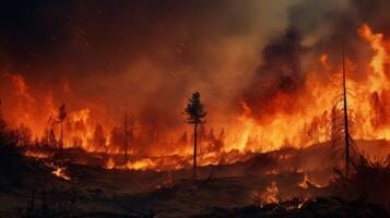 nuit Feu dans le forêt avec Feu et fumée.epic aérien photo de une fumeur sauvage flamme.a flamboyant, brillant Feu à nuit.forêt feux.sec herbe est brûlant. climat changement,écologie.line Feu dans le foncé