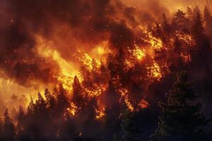 nuit Feu dans le forêt avec Feu et fumée.epic aérien photo de une fumeur sauvage flamme.a flamboyant, brillant Feu à nuit.forêt feux.sec herbe est brûlant. climat changement,écologie.line Feu dans le foncé