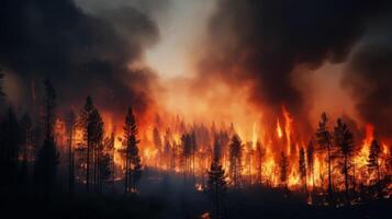 nuit Feu dans le forêt avec Feu et fumée.epic aérien photo de une fumeur sauvage flamme.a flamboyant, brillant Feu à nuit.forêt feux.sec herbe est brûlant. climat changement,écologie.line Feu dans le foncé