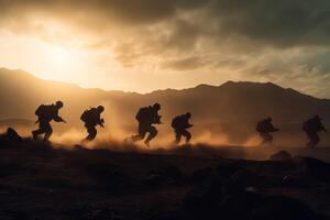 silhouette de militaire soldats avec armes foncé Contexte. loi et militaire concept. haute qualité photo