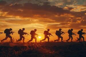 silhouette de militaire soldats avec armes foncé Contexte. loi et militaire concept. haute qualité photo
