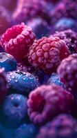 une magnifique proche en haut photographier de fruit, avec framboises, myrtilles et mûres, studio tir. haute qualité photo